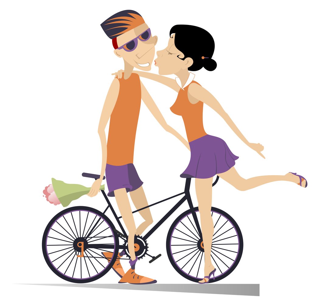 Woman kissing a cyclist man who has won the race illustration