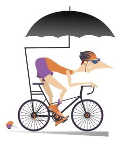 Cartoon man rides a bike under an umbrella isolated